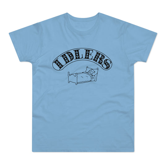 Light blue t-shirt with black text "IDLERS" above a drawing of a cat in bed.
