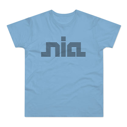 Light blue t-shirt with black horizontal line text that reads "nia".