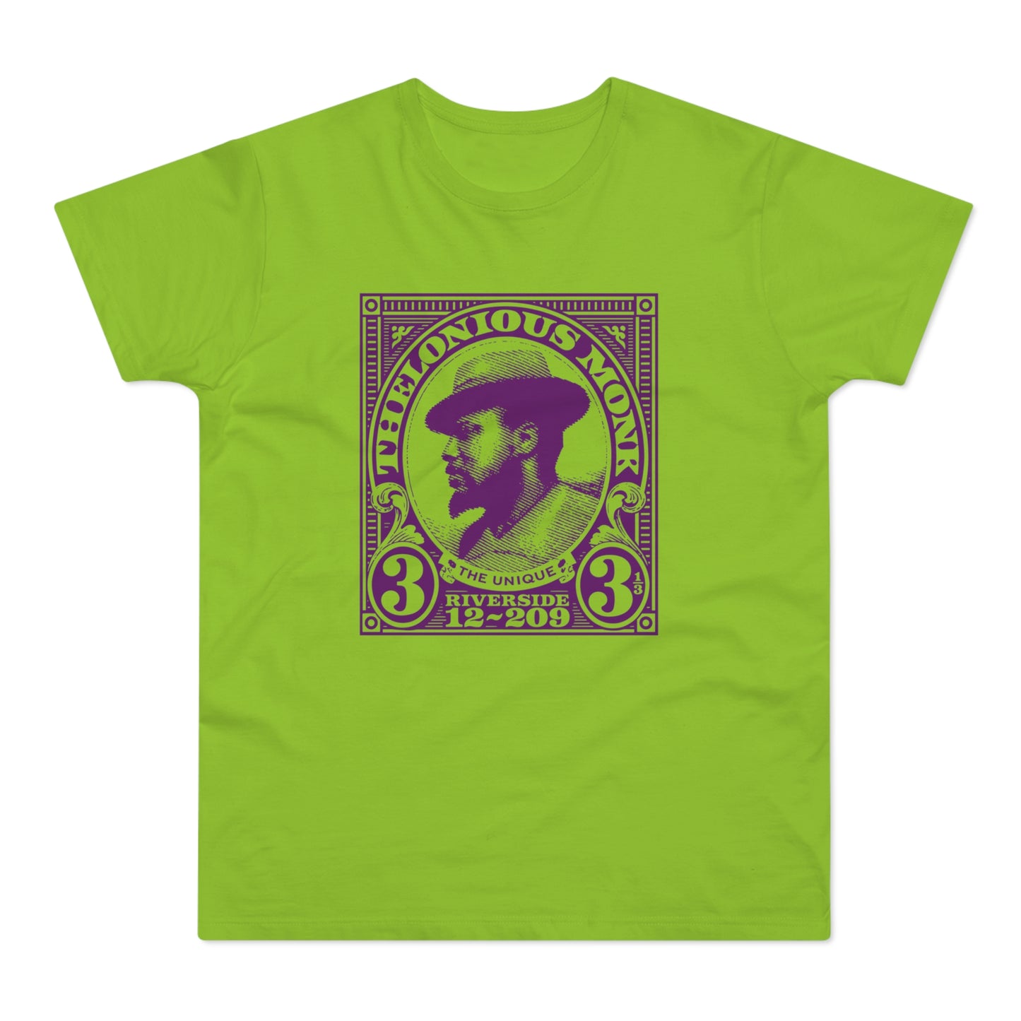 Thelonious Monk portrait with text "The Unique Riverside 12-209" on a lime green t-shirt.