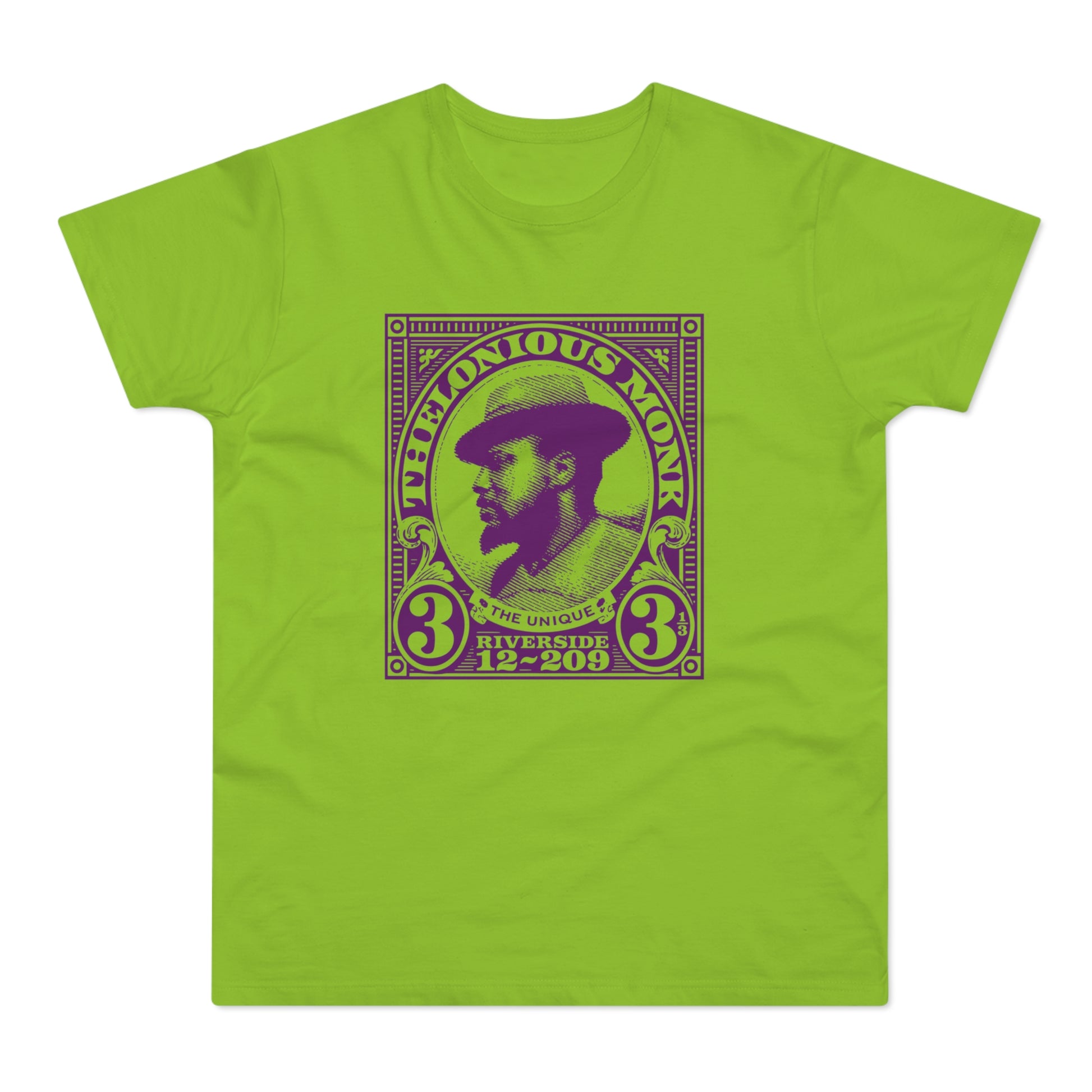 Thelonious Monk portrait with text "The Unique Riverside 12-209" on a lime green t-shirt.