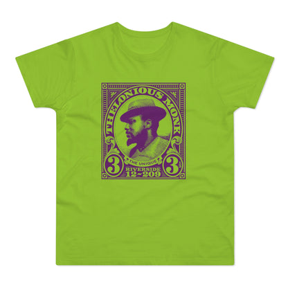 Thelonious Monk portrait with text "The Unique Riverside 12-209" on a lime green t-shirt.