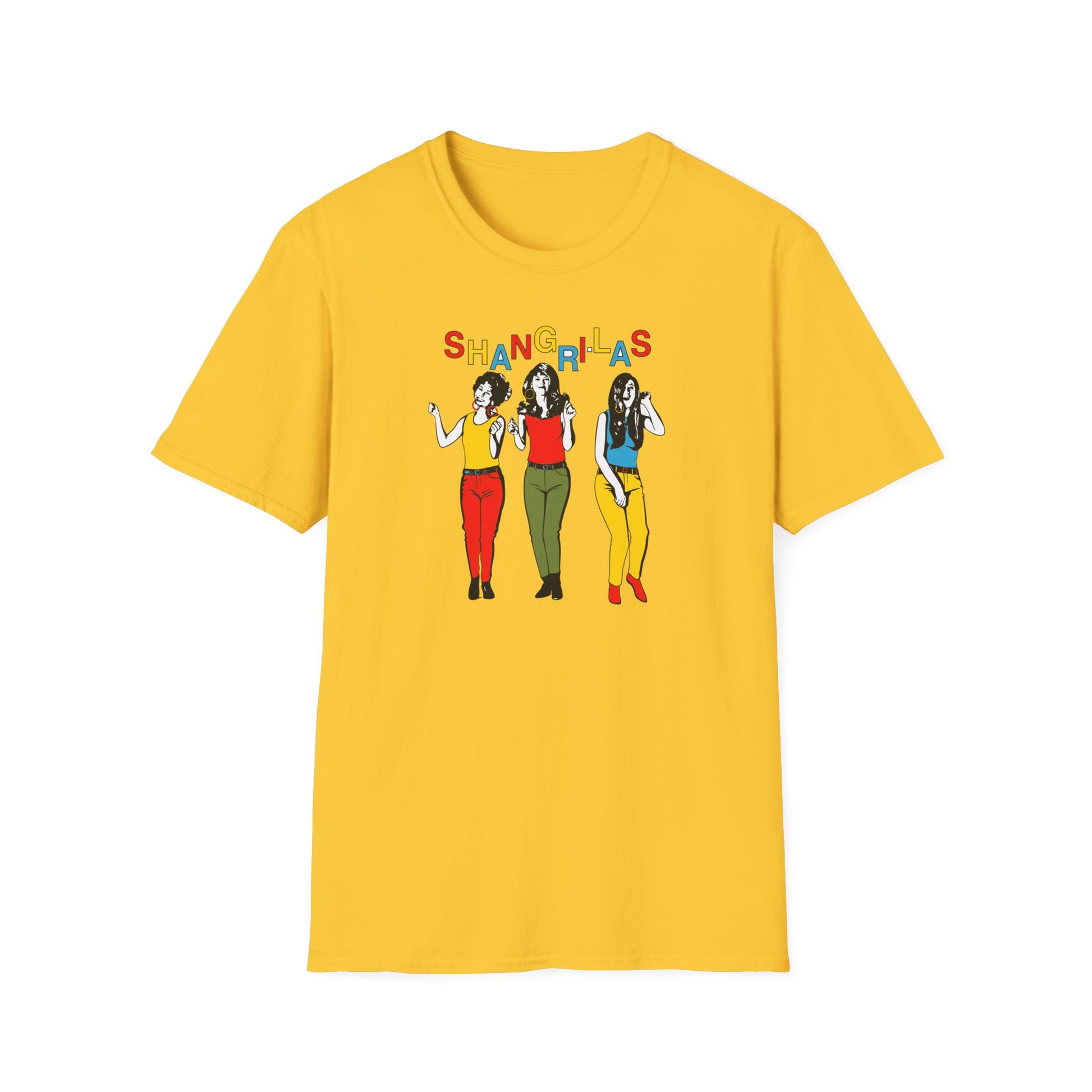 Yellow t-shirt with three illustrated women and colorful "Shangri-Las" text.