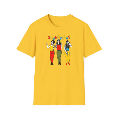 Yellow t-shirt with three illustrated women and colorful "Shangri-Las" text.