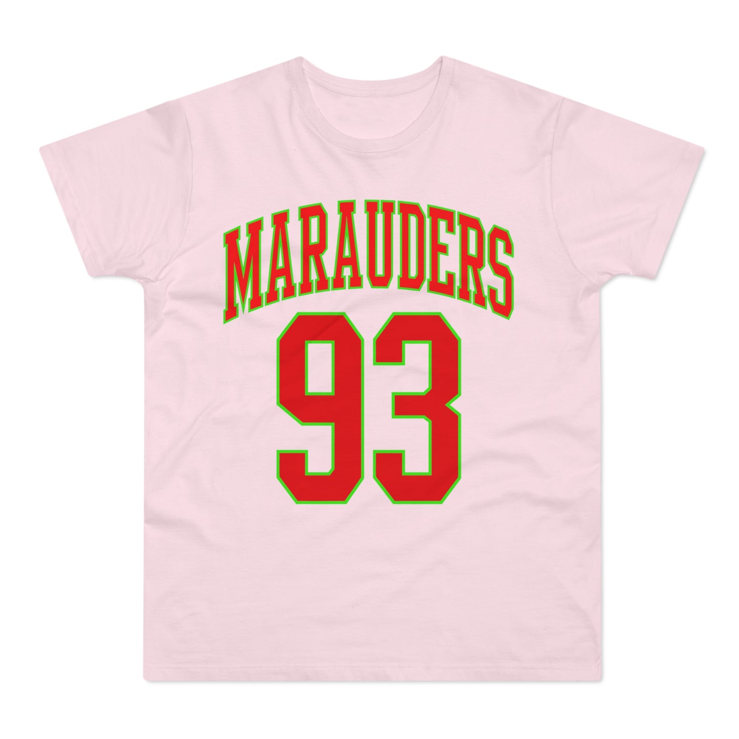 Pink t-shirt with "MARAUDERS 93" in red and green lettering.