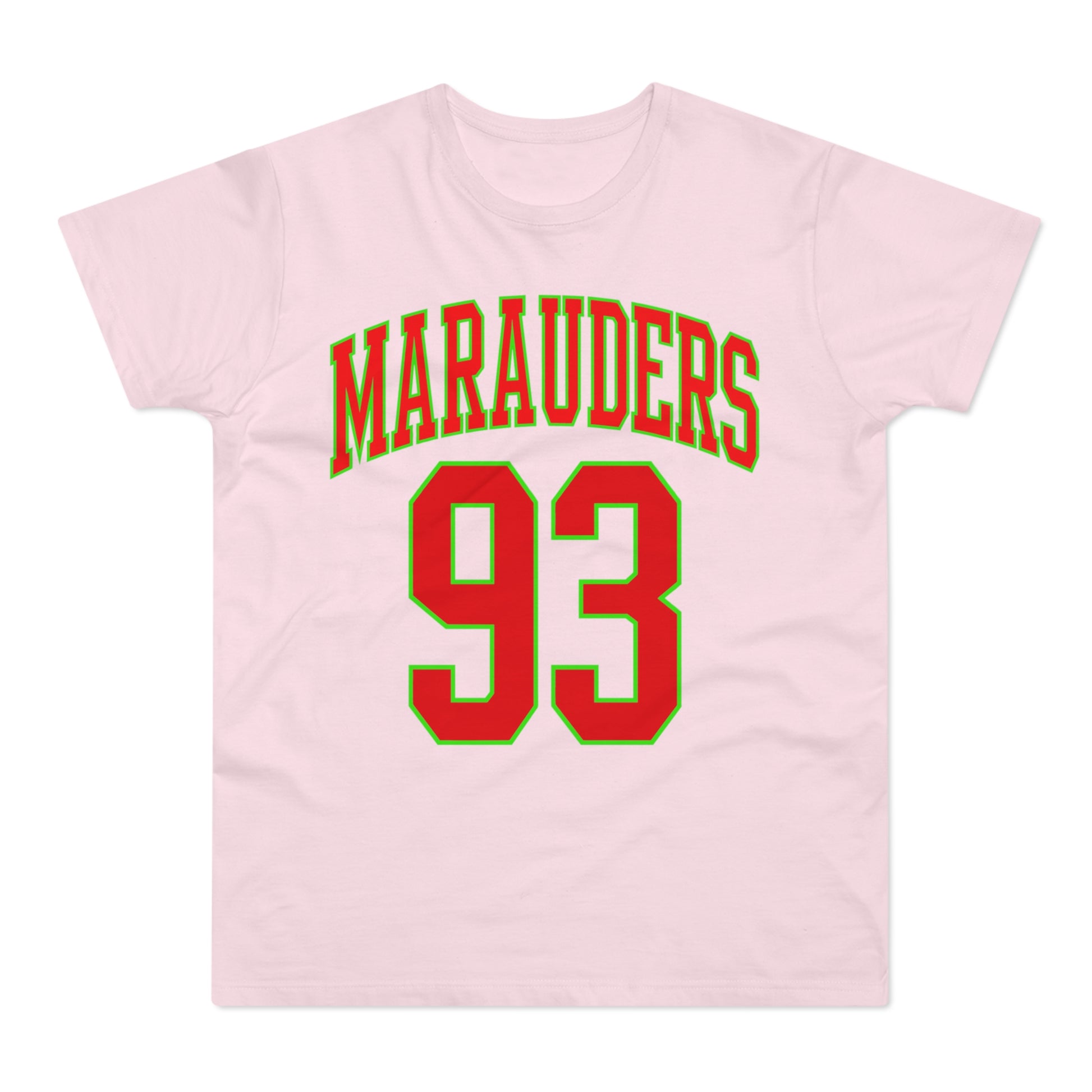 Pink t-shirt with "MARAUDERS 93" in red and green lettering.