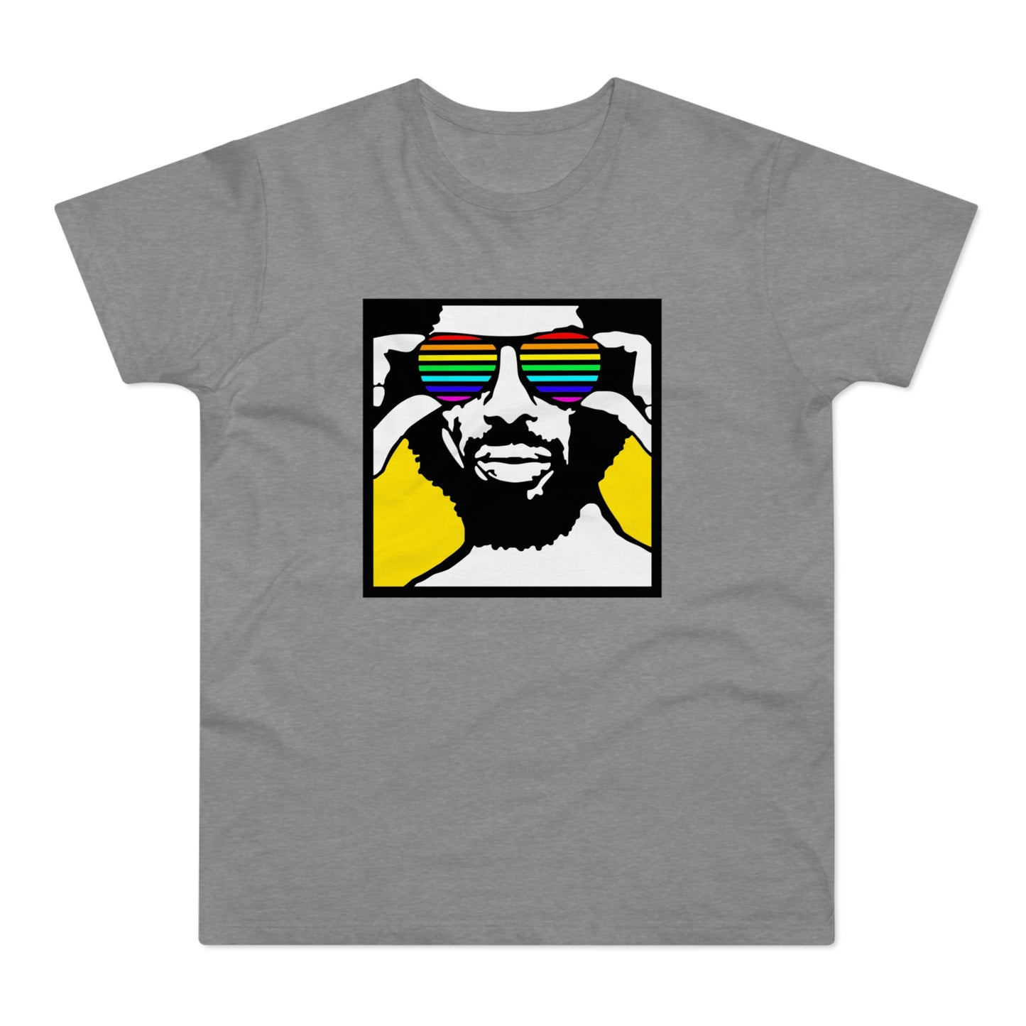 Man with rainbow sunglasses against yellow and black background.