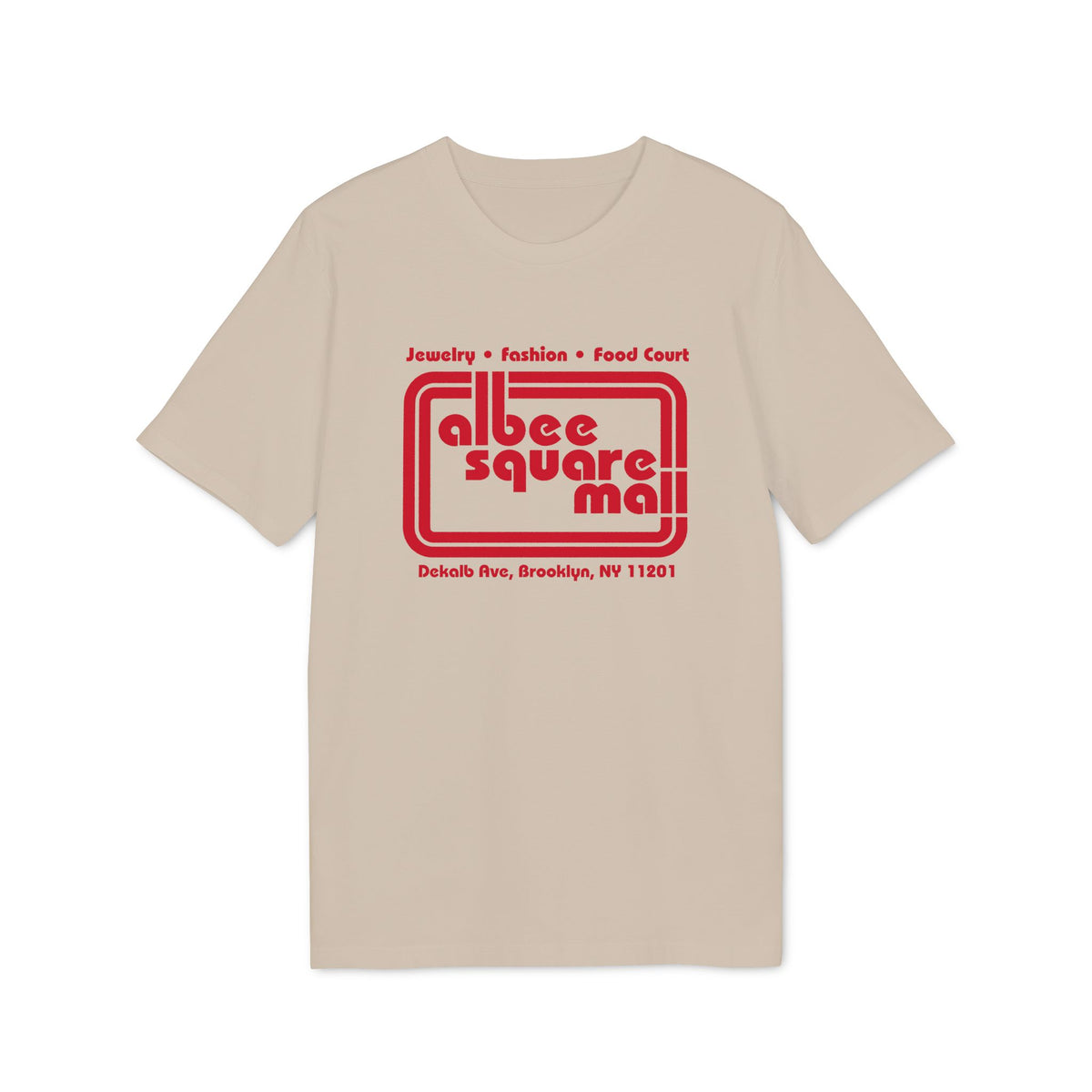 Tan t-shirt with red Albee Square Mall logo and Brooklyn address.