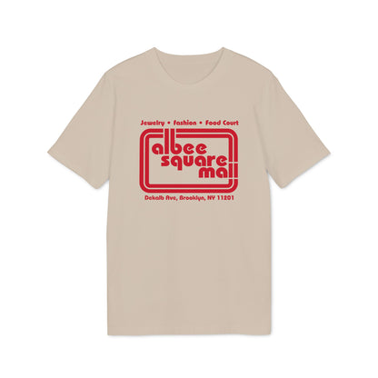 Tan t-shirt with red Albee Square Mall logo and Brooklyn address.