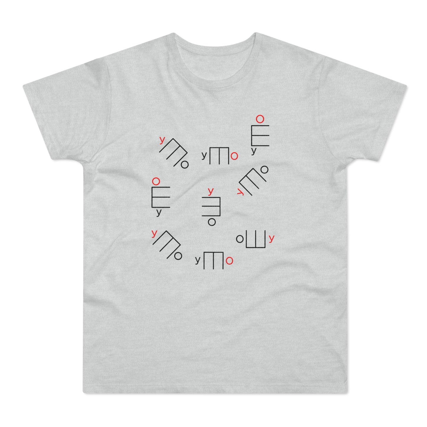 Light grey t-shirt with an all-over pattern of abstract black and red symbols.
