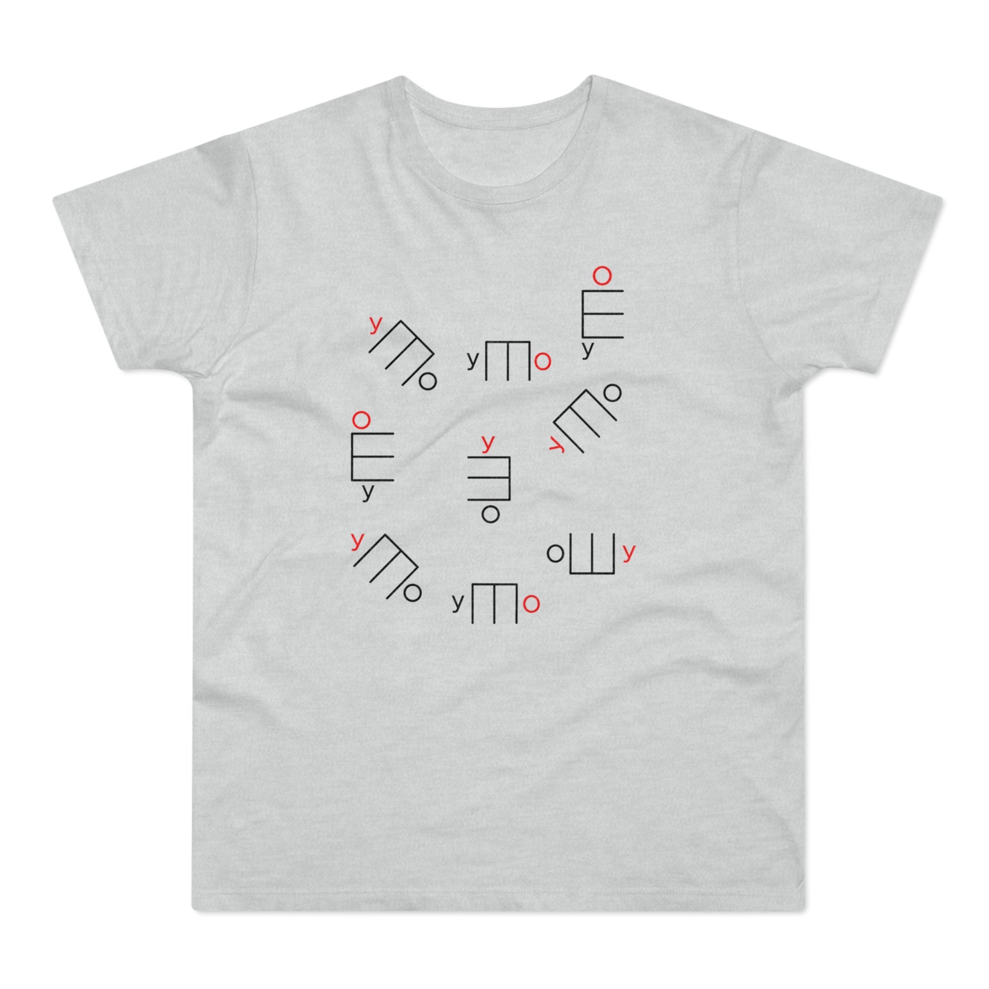 Light grey t-shirt with an all-over pattern of abstract black and red symbols.