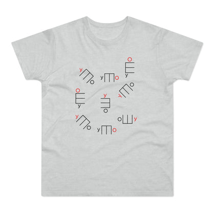 Light grey t-shirt with an all-over pattern of abstract black and red symbols.
