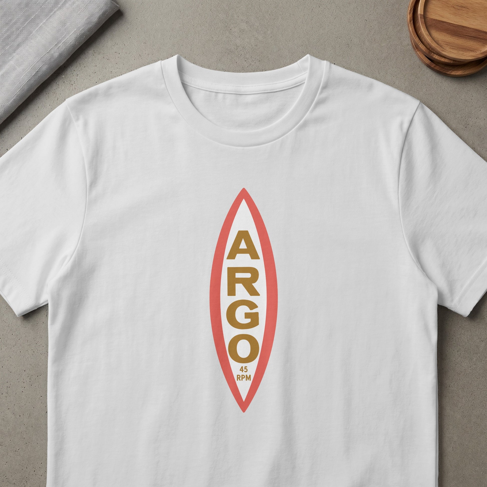 White t-shirt with a red and gold "ARGO 45 RPM" emblem.