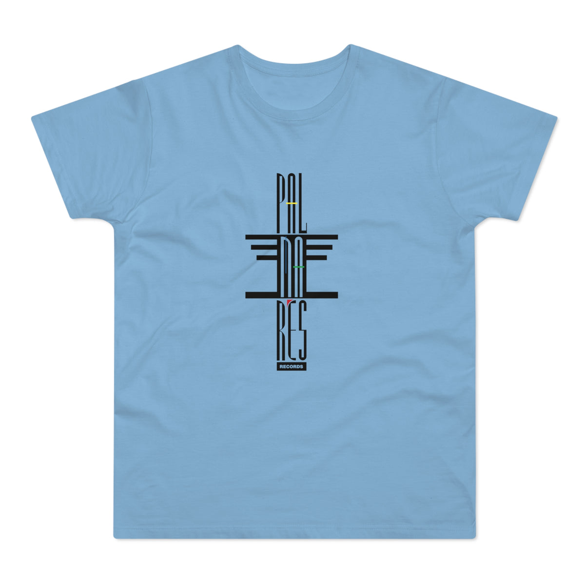 Light blue t-shirt with black logo spelling PAL MNA RES RECORDS vertically.