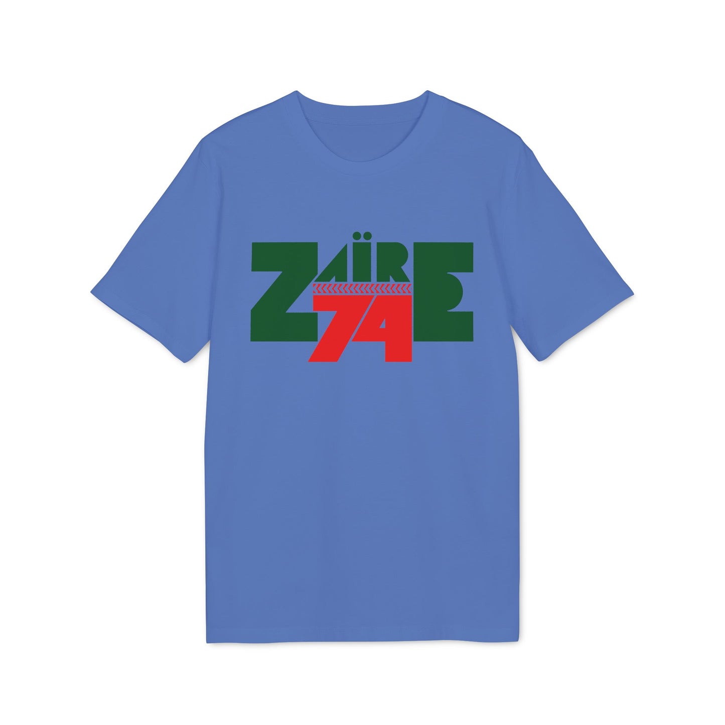 Blue t-shirt with "ZAÏRE 74" graphic in green and red.