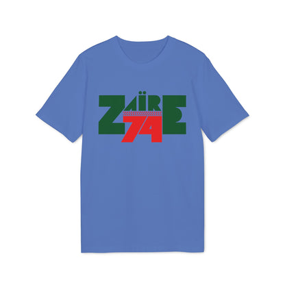 Blue t-shirt with "ZAÏRE 74" graphic in green and red.