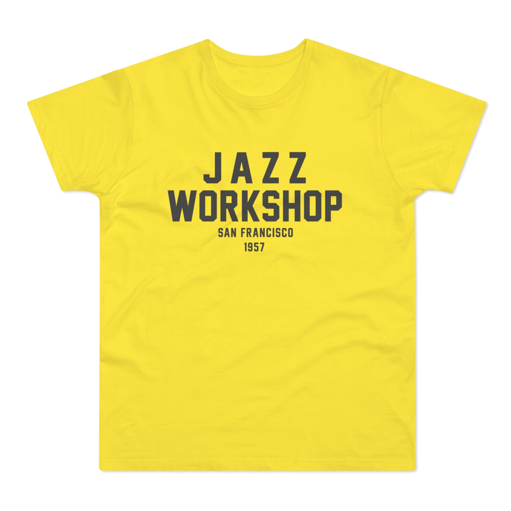 Yellow t-shirt with "JAZZ WORKSHOP SAN FRANCISCO 1957" in grey text.