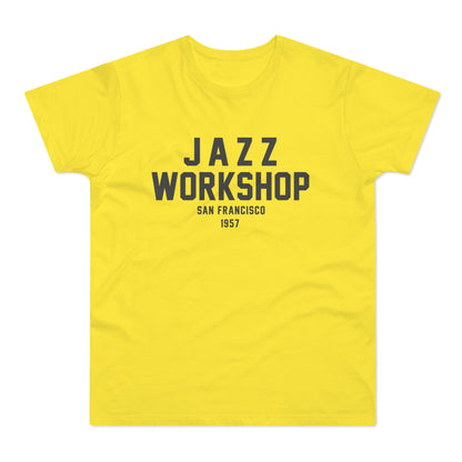 Yellow t-shirt with "JAZZ WORKSHOP SAN FRANCISCO 1957" in grey text.