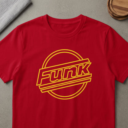 Red t-shirt with yellow "funk" text inside a circular graphic.