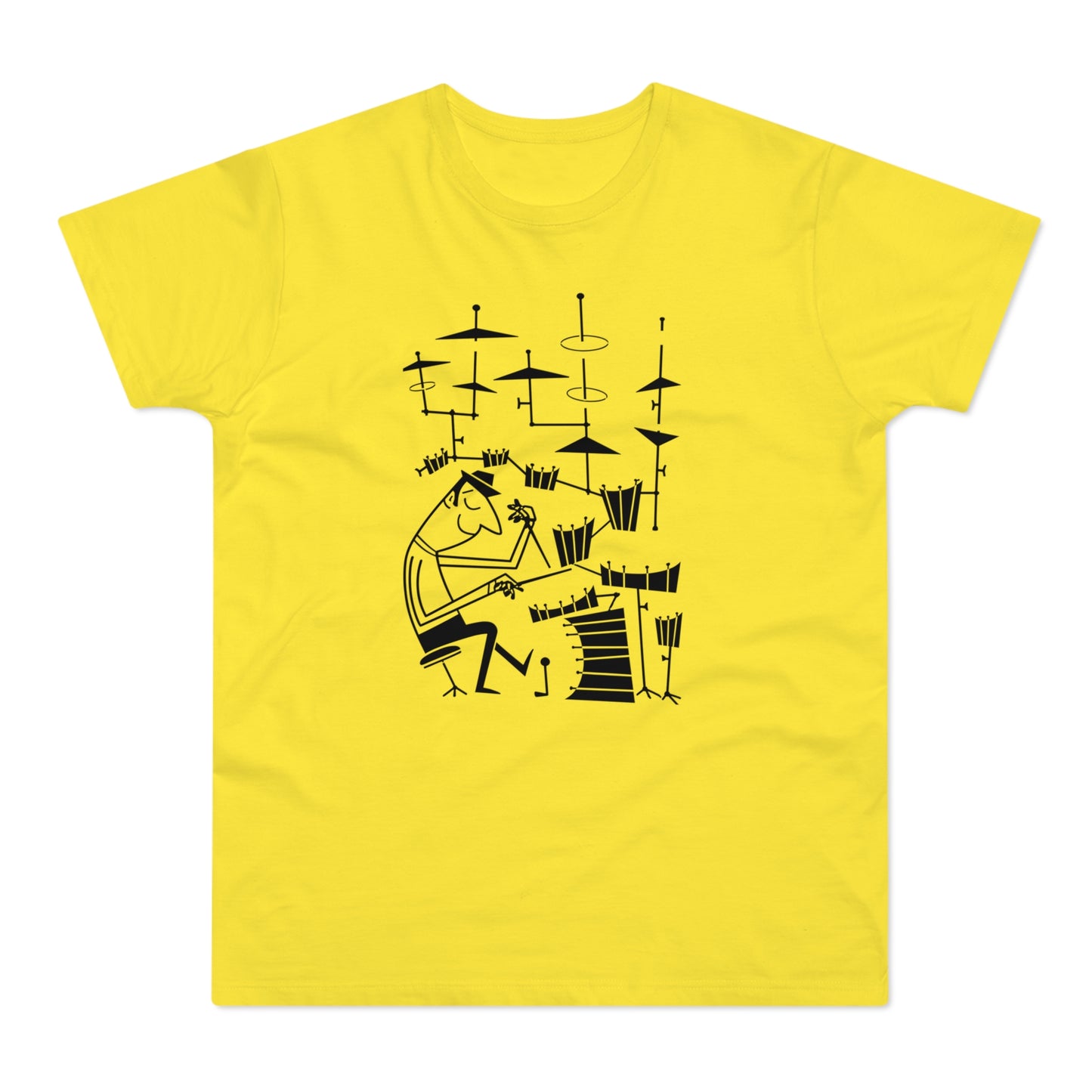 Black line drawing of a stylized drummer playing a drum set on a yellow t-shirt.