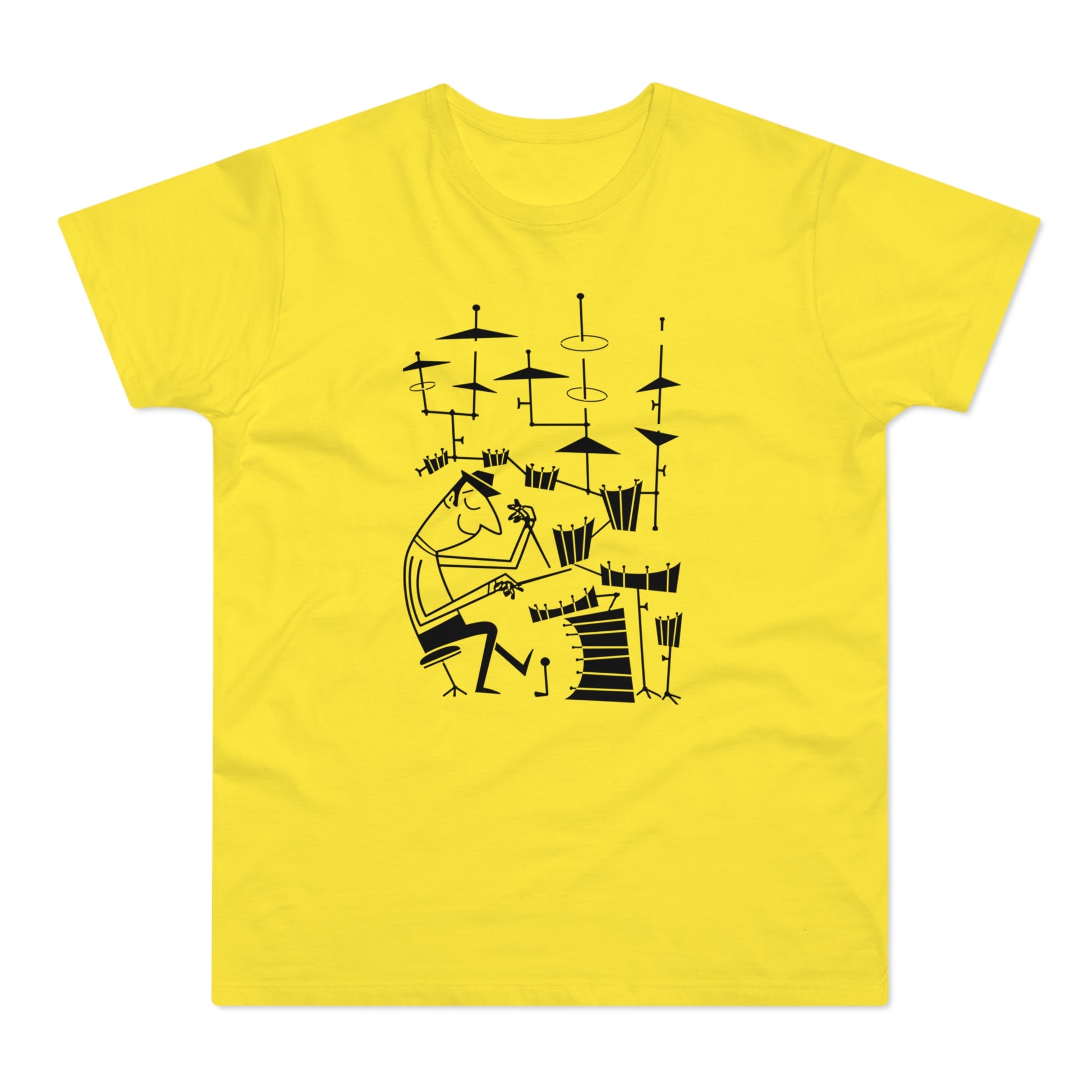 Black line drawing of a stylized drummer playing a drum set on a yellow t-shirt.