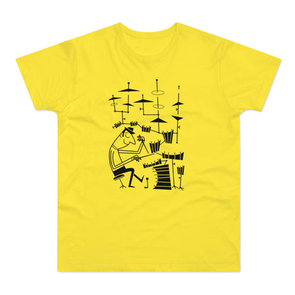 Black line drawing of a stylized drummer playing a drum set on a yellow t-shirt.