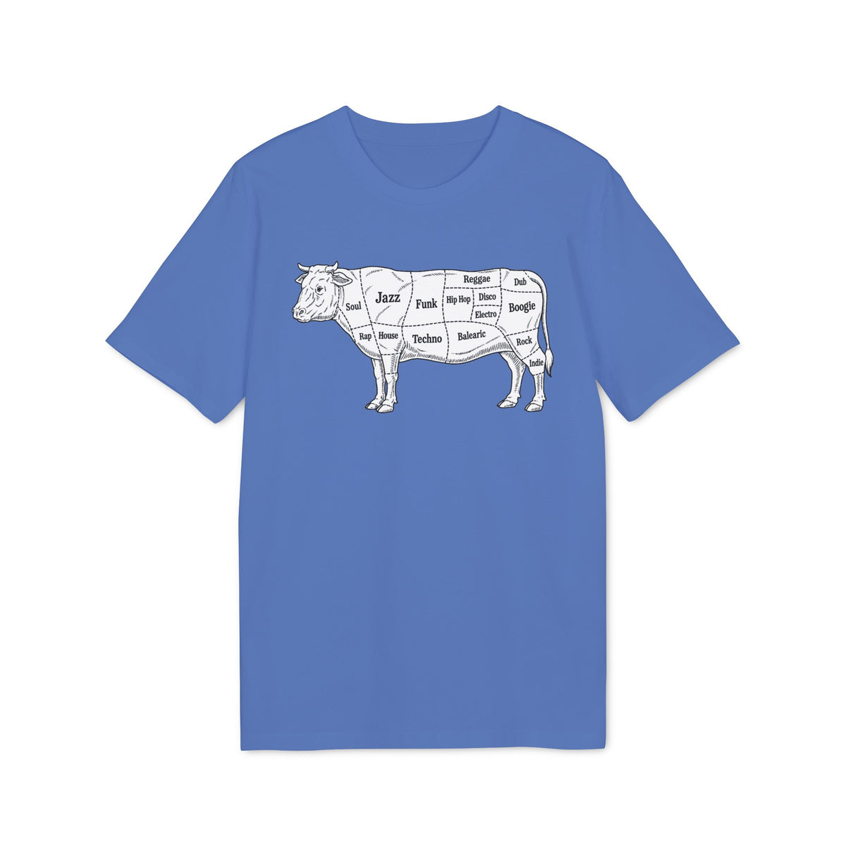 Line drawing of a cow dissected into music genres like Jazz, Funk, and Rock.
