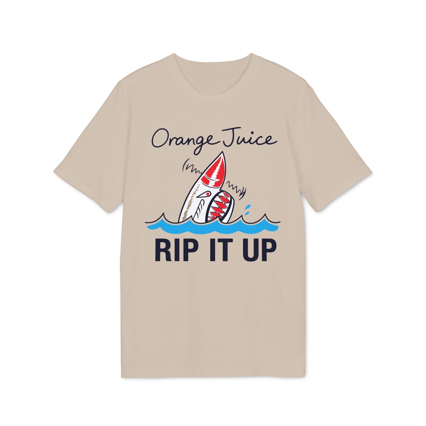 T-shirt with a shark emerging from water graphic and text "Orange Juice RIP IT UP."