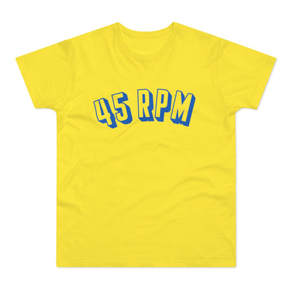 Yellow t-shirt with blue "45 RPM" text.