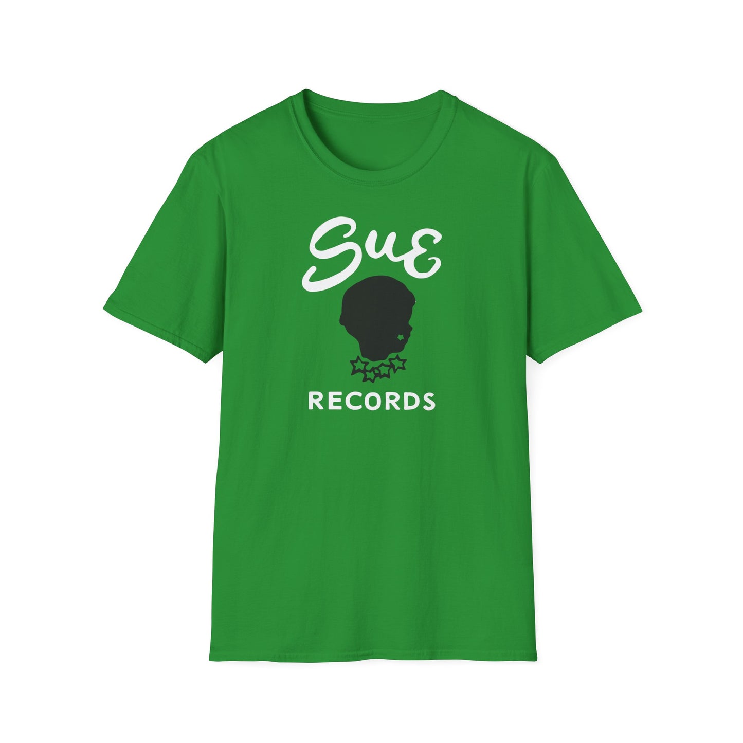 Green t-shirt with "Sue Records" text and black silhouette.