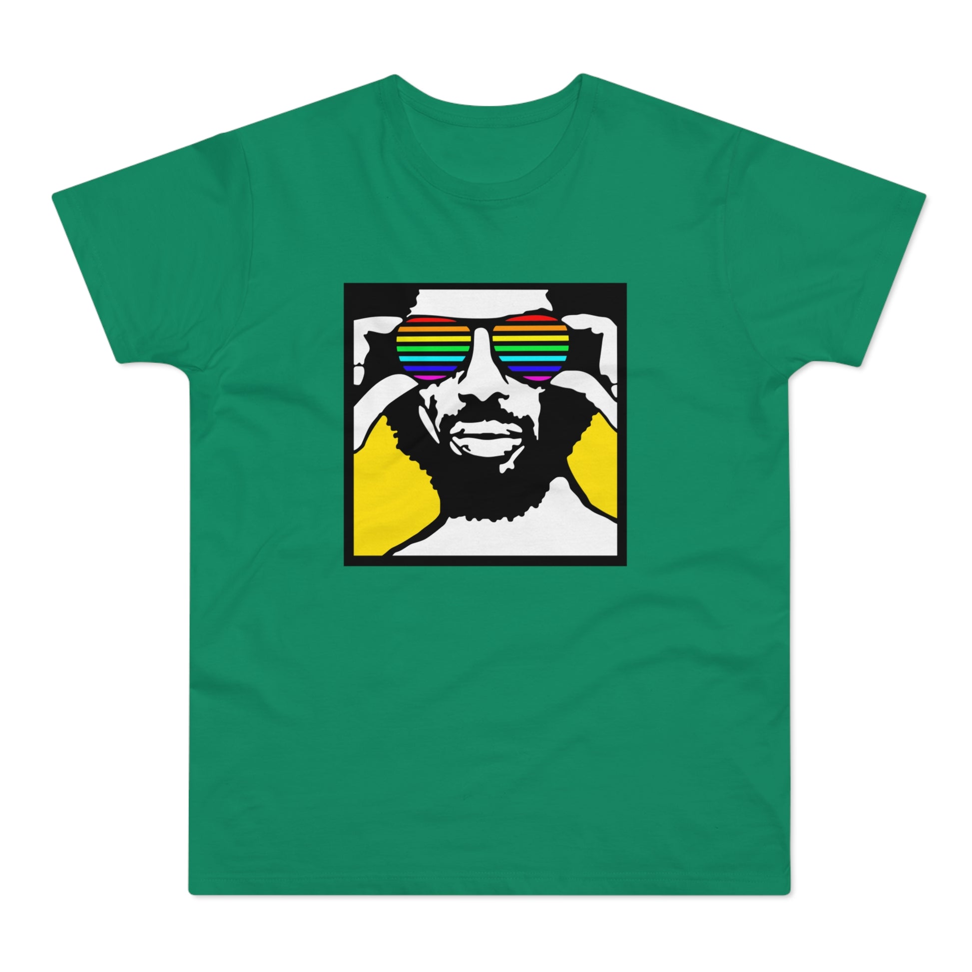 Illustration of man with rainbow sunglasses on a green t-shirt with yellow background.