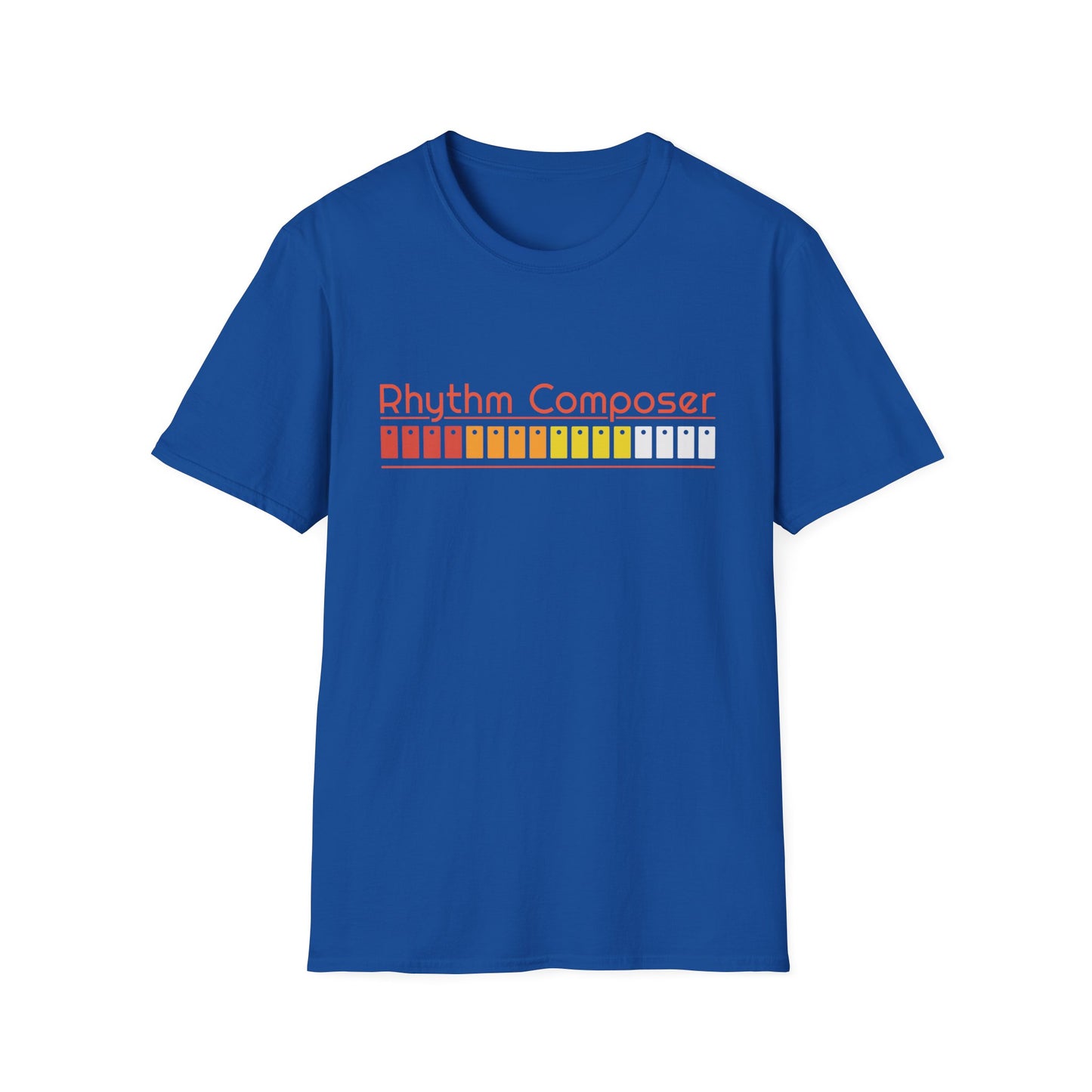 Blue t-shirt with "Rhythm Composer" text and colorful soundwave graphic.