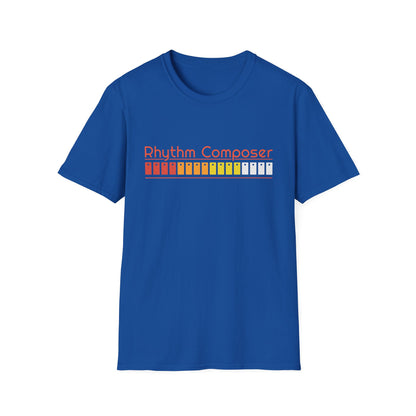 Blue t-shirt with "Rhythm Composer" text and colorful soundwave graphic.