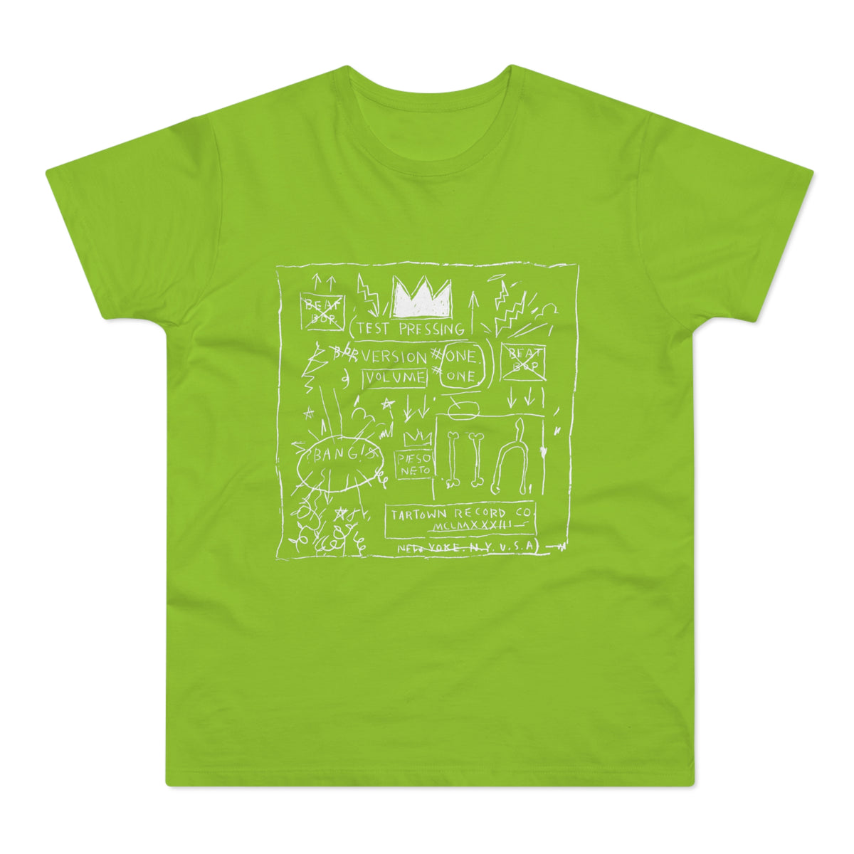 Green t-shirt with white sketch art including a crown, text, and bone shapes.