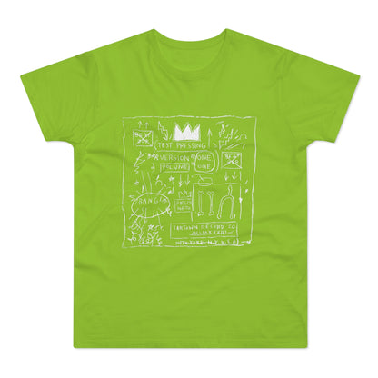 Green t-shirt with white sketch art including a crown, text, and bone shapes.