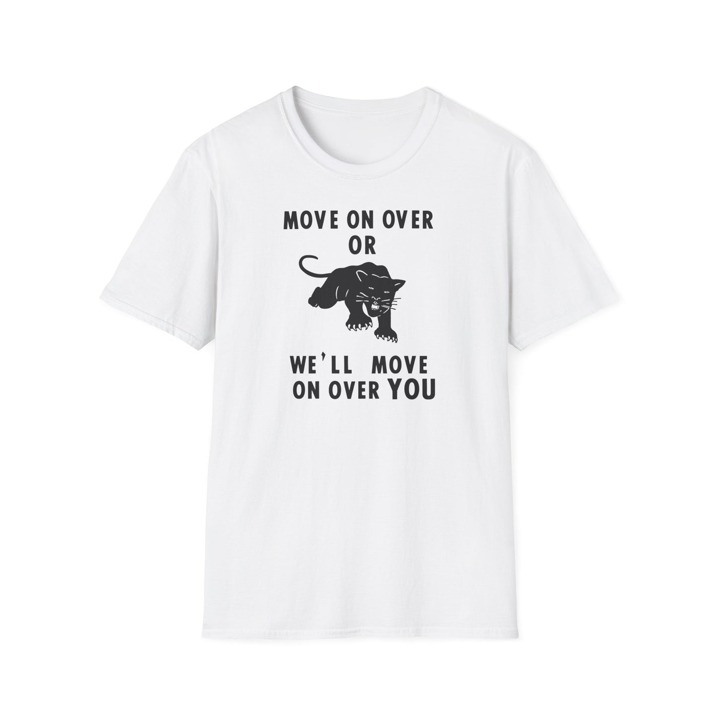 White t-shirt with black text and a panther graphic.