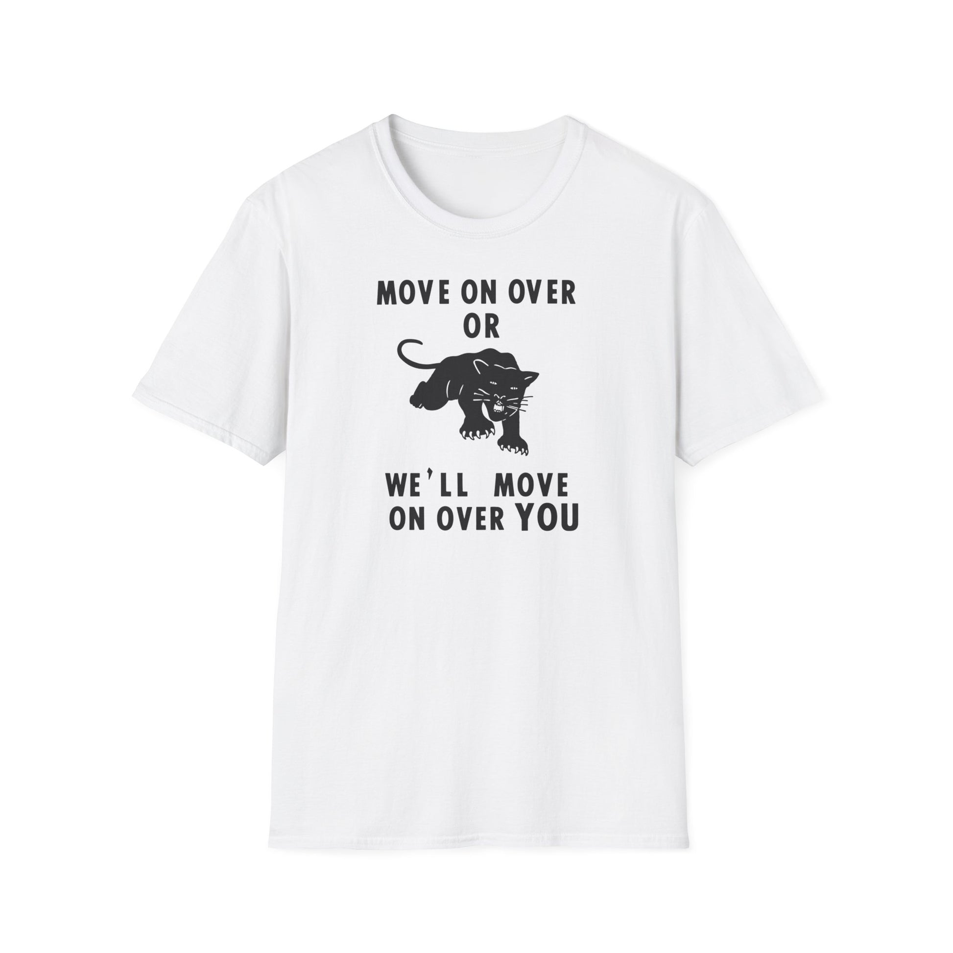 White t-shirt with black text and a panther graphic.