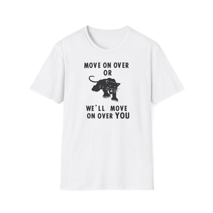 White t-shirt with black text and a panther graphic.