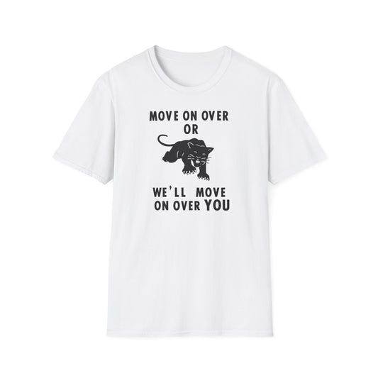 White t-shirt with black text and a panther graphic.