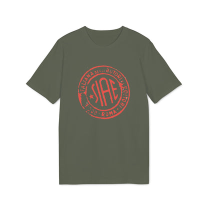 Green t-shirt with red SIAE stamp, including text and dates.