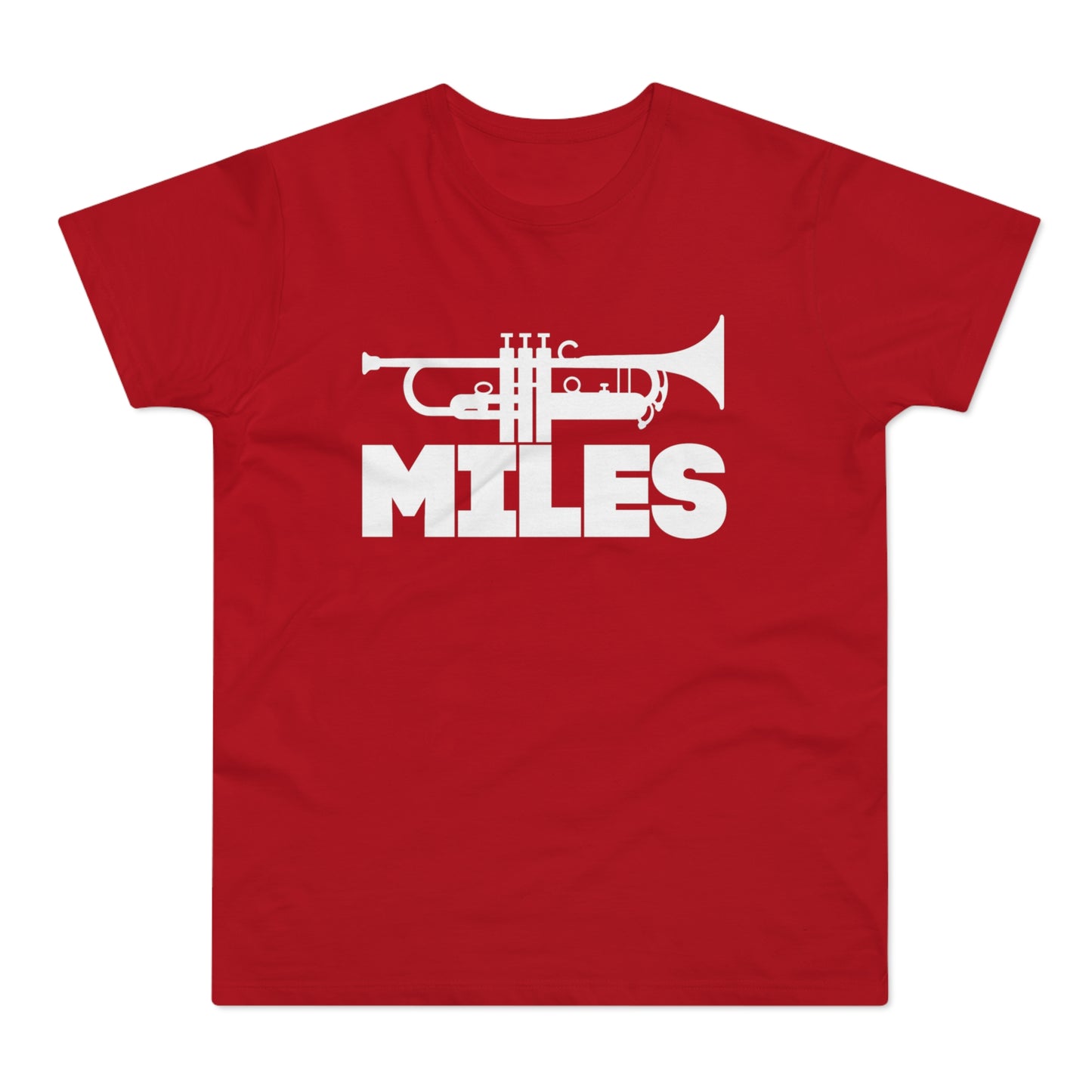Red t-shirt with white trumpet graphic and "MILES" text below.