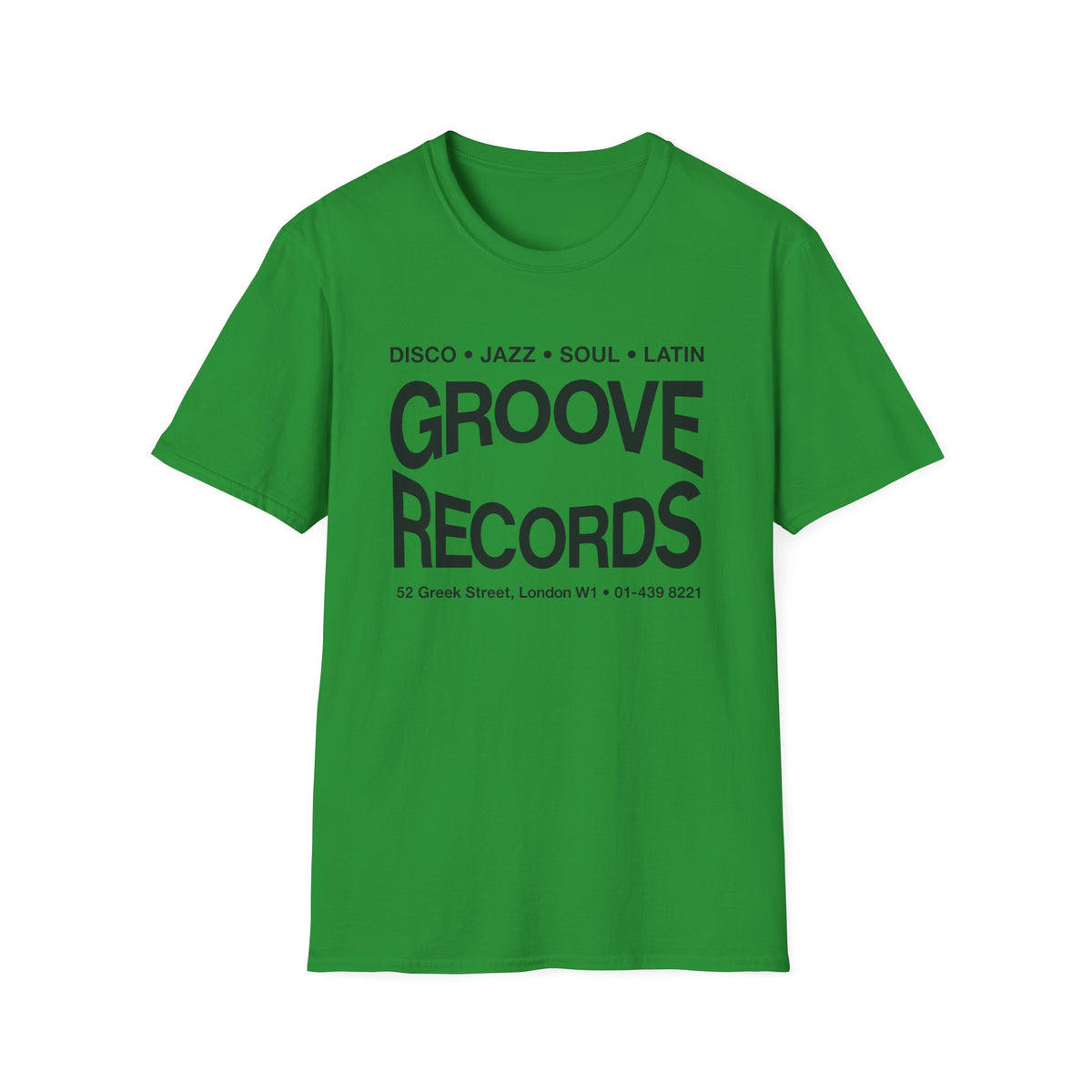 Green t-shirt with black text: "DISCO JAZZ SOUL LATIN GROOVE RECORDS 52 Greek Street, London W1 01-4398221".