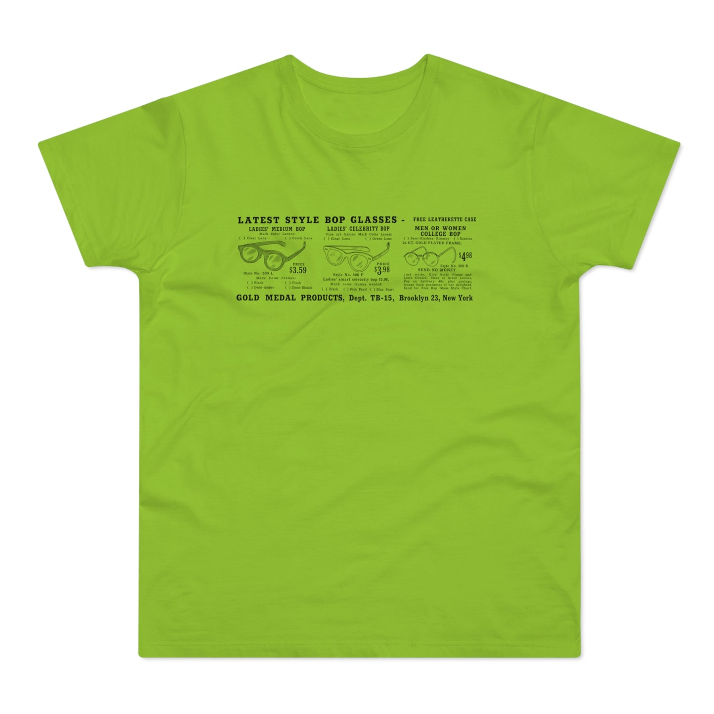 T-shirt with black print of "Latest Style Bop Glasses" advertisements.