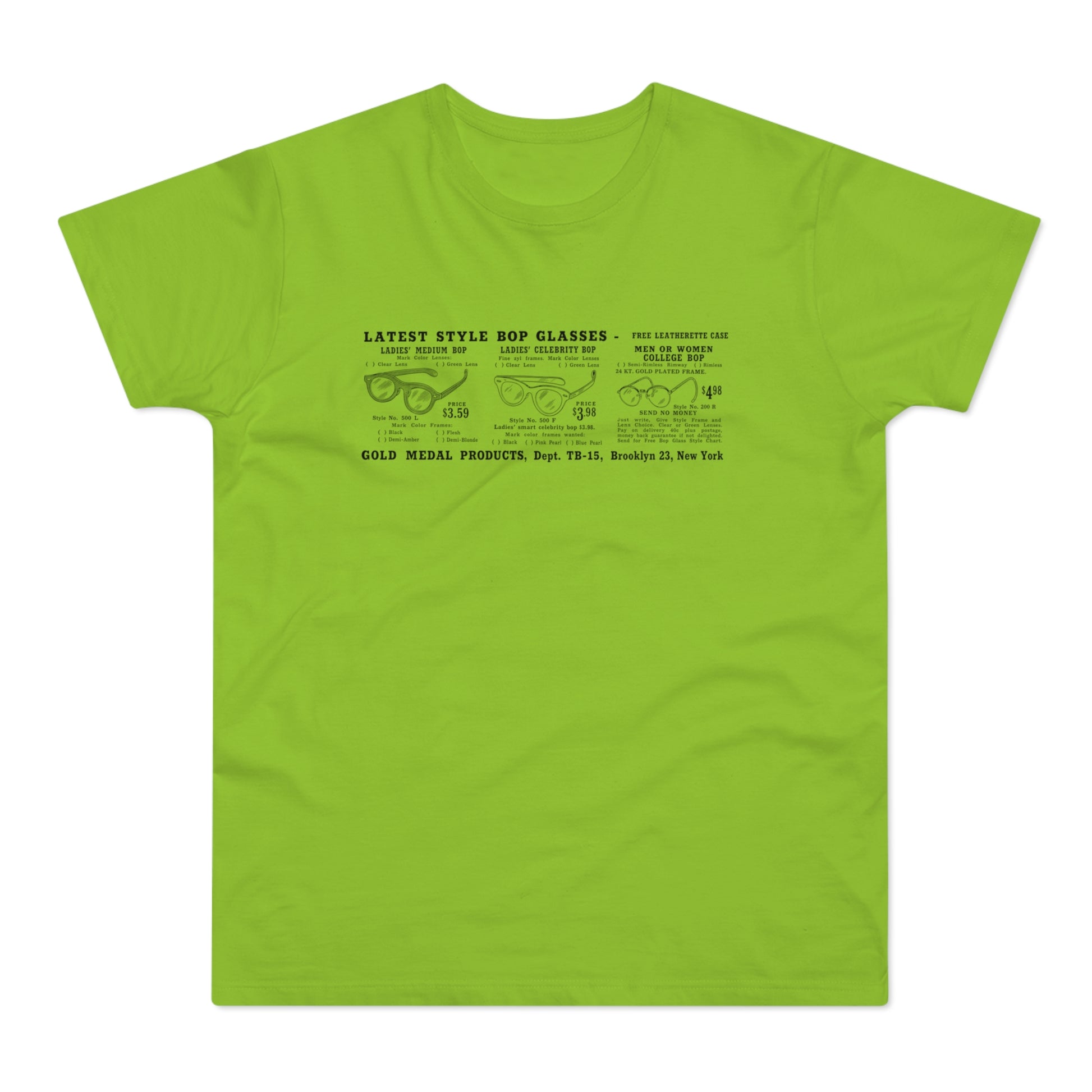 T-shirt with black print of "Latest Style Bop Glasses" advertisements.
