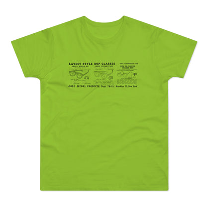 T-shirt with black print of "Latest Style Bop Glasses" advertisements.