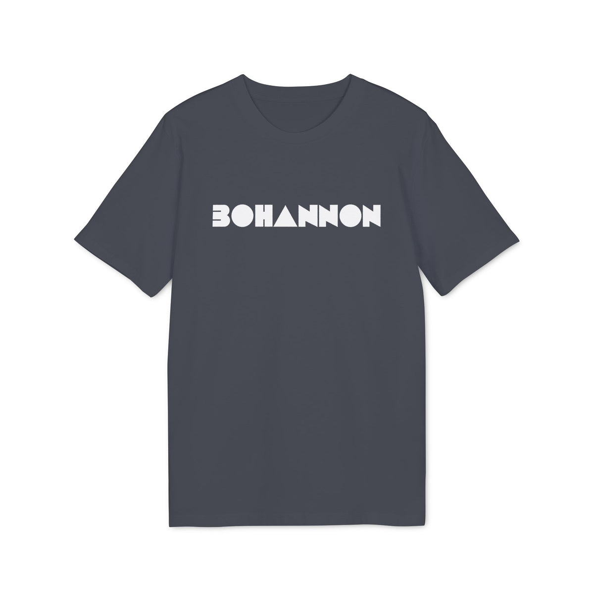 Dark grey t-shirt with white geometric text reading "BOHANNON".