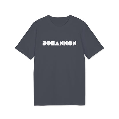 Dark grey t-shirt with white geometric text reading "BOHANNON".