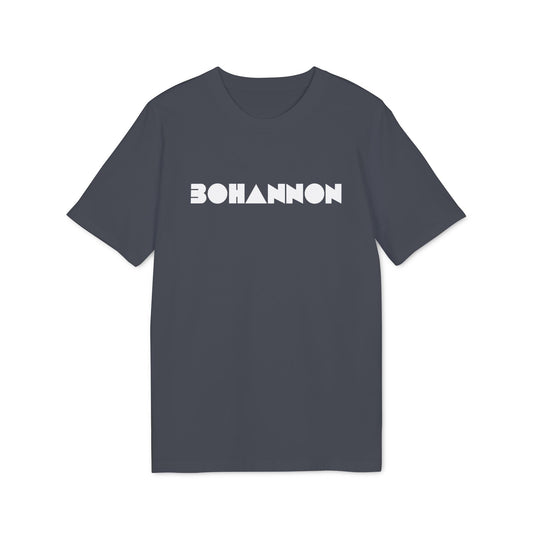 Dark grey t-shirt with white geometric text reading "BOHANNON".