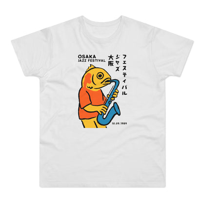 White t-shirt with yellow fish playing saxophone, "OSAKA JAZZ FESTIVAL" text, and date 10.09.1989.