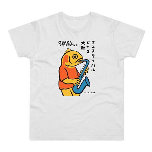White t-shirt with yellow fish playing saxophone, "OSAKA JAZZ FESTIVAL" text, and date 10.09.1989.