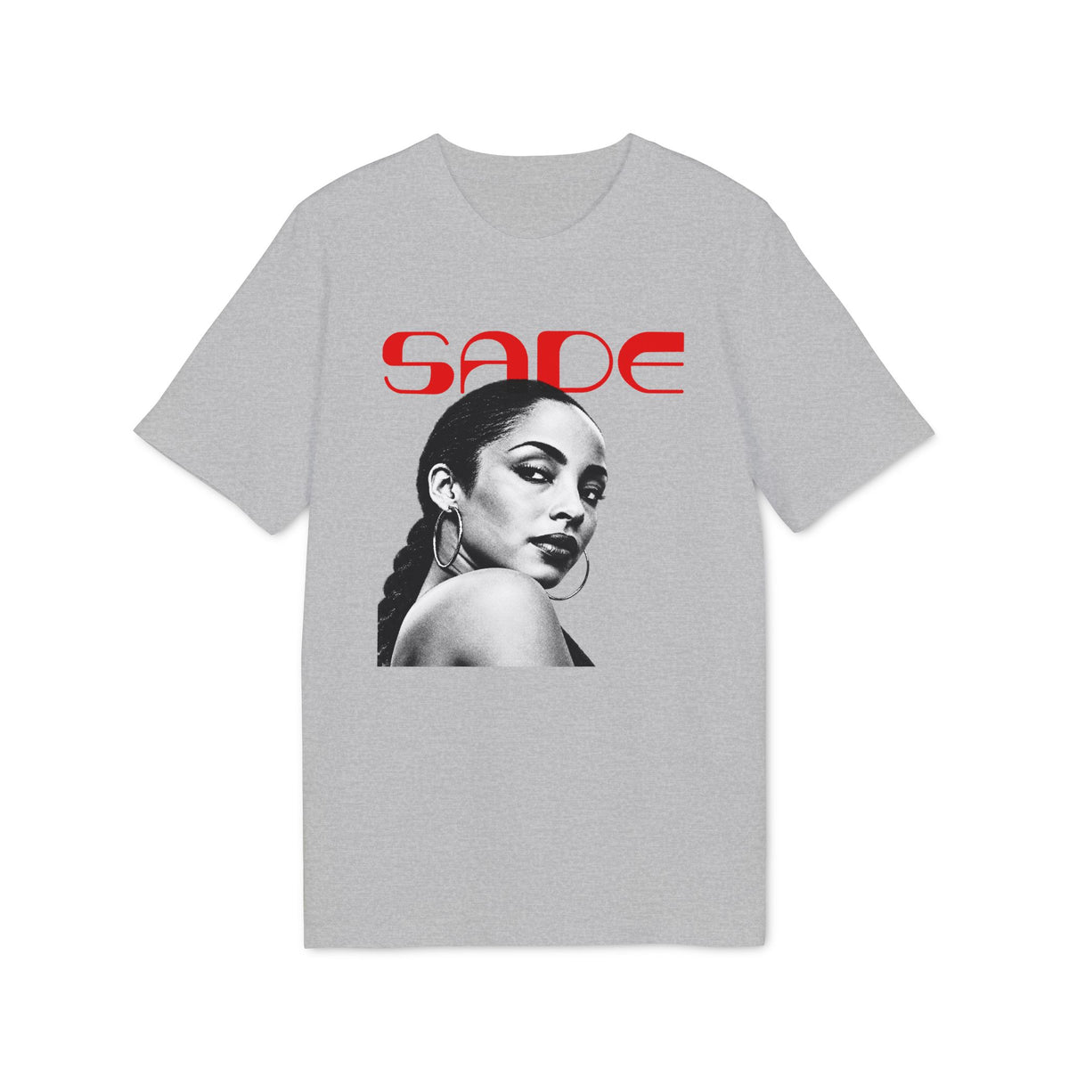 Grey t-shirt with red Sade logo and black and white portrait of Sade.